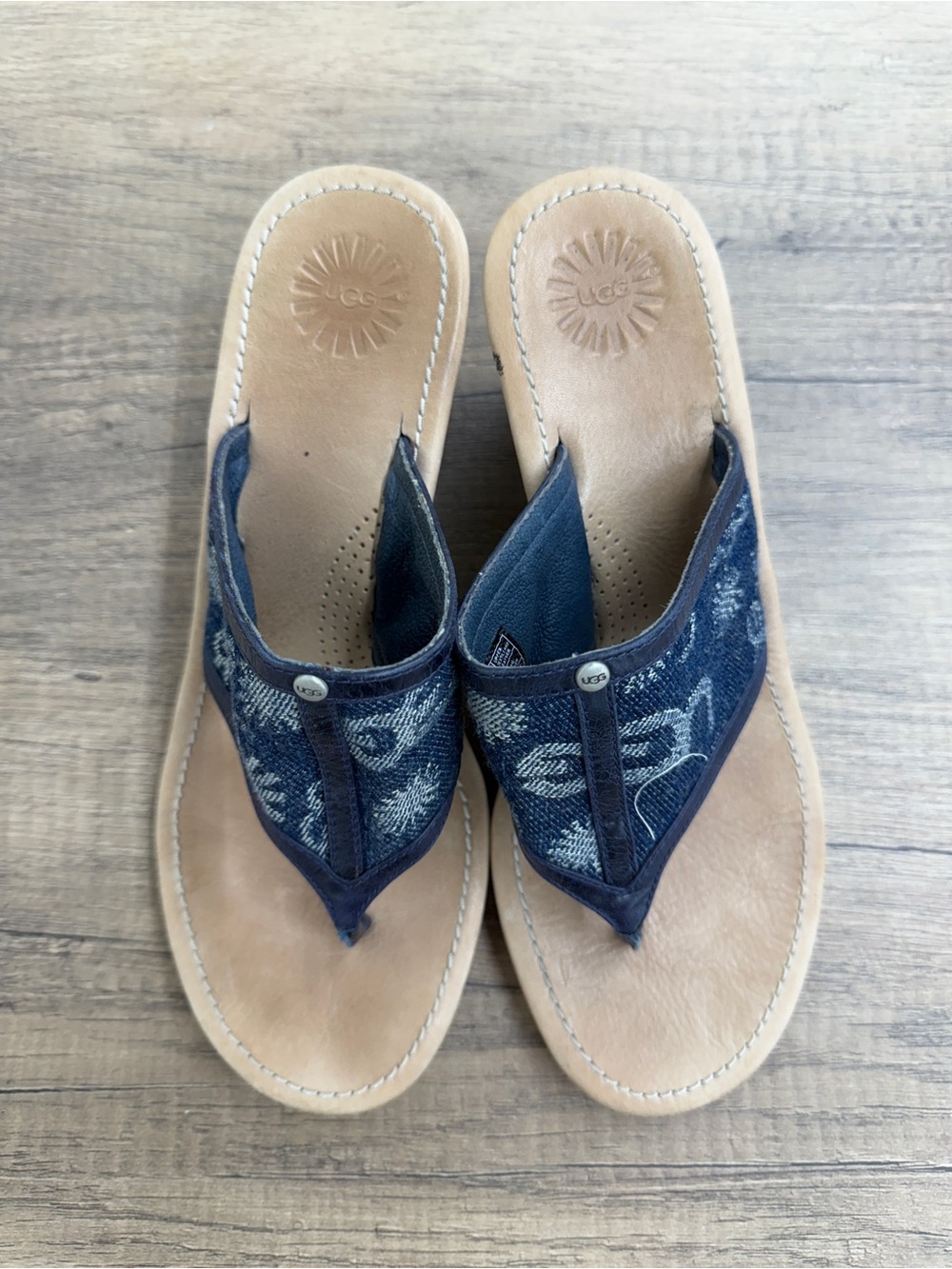 UGG Navy Denim Floral Thong Sandals with Tan Footbed